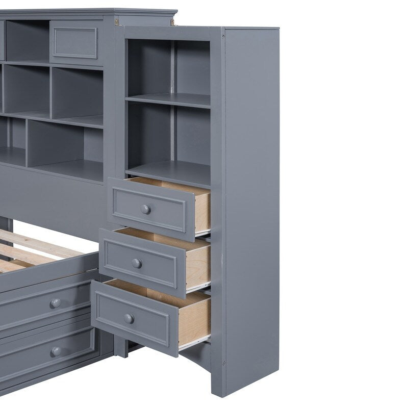 Twin Size Platform Bed with Vertical All-in-One Cabinet, Wooden Bed with 4 Storage Drawers on each side for Bedroom, Grey