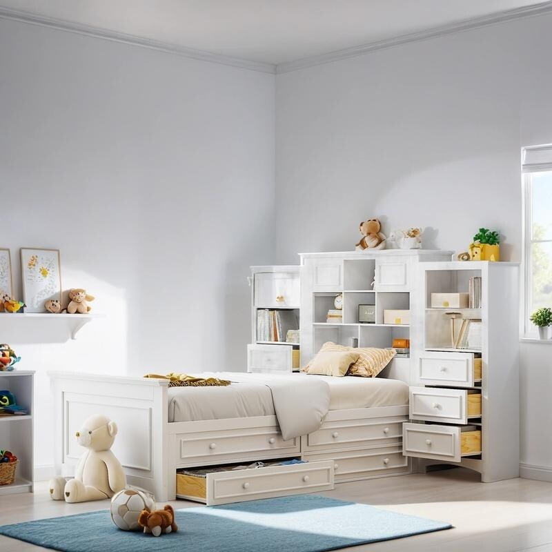 Twin Size Platform Bed with Vertical All-in-One Cabinet, Wooden Bed with 4 Storage Drawers on each side for Bedroom, Grey