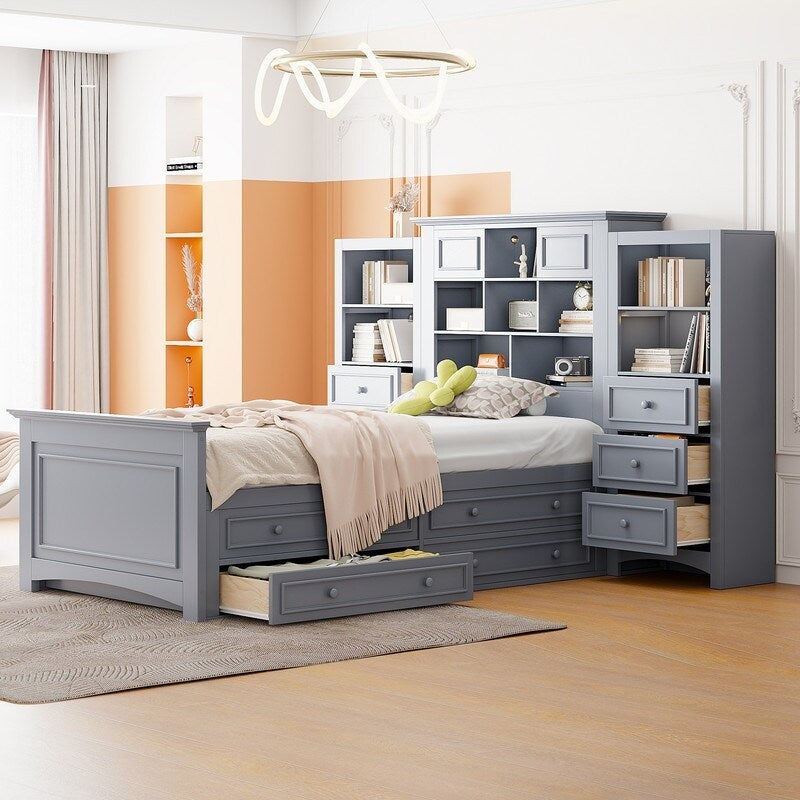 Twin Size Platform Bed with Vertical All-in-One Cabinet, Wooden Bed with 4 Storage Drawers on each side for Bedroom, Grey