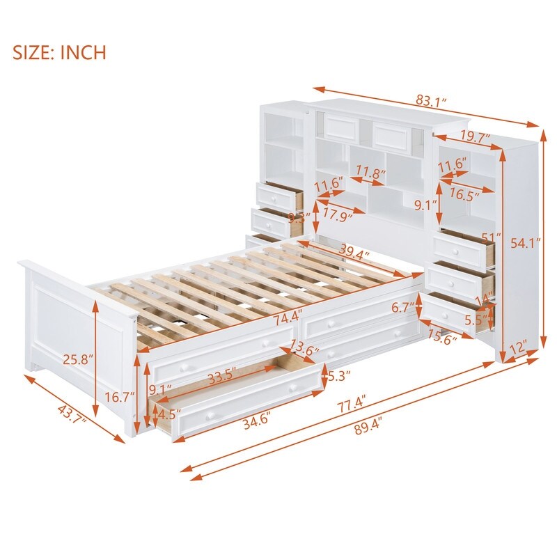 Twin Size Platform Bed with Vertical All-in-One Cabinet, Wooden Bed with 4 Storage Drawers on each side for Bedroom, Grey
