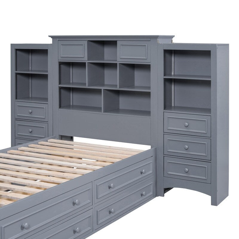 Twin Size Platform Bed with Vertical All-in-One Cabinet, Wooden Bed with 4 Storage Drawers on each side for Bedroom, Grey