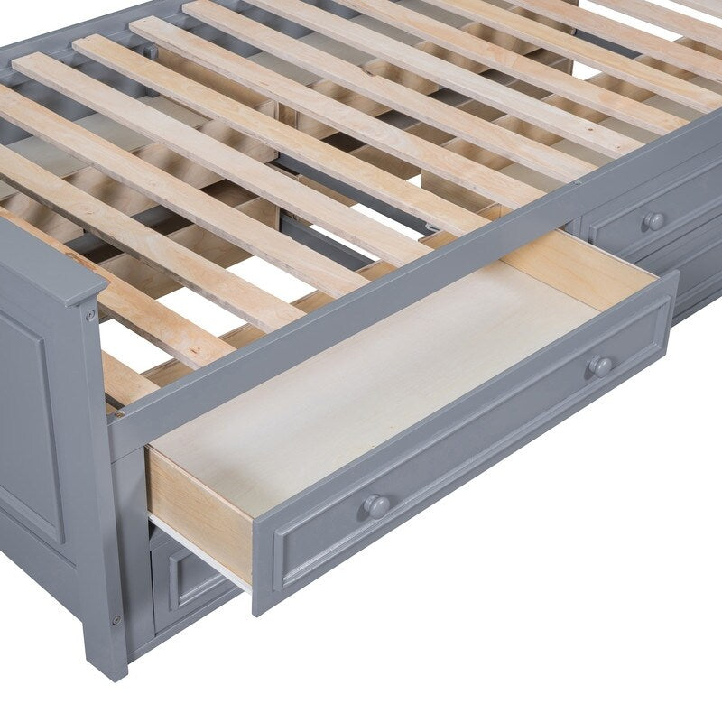 Twin Size Platform Bed with Vertical All-in-One Cabinet, Wooden Bed with 4 Storage Drawers on each side for Bedroom, Grey
