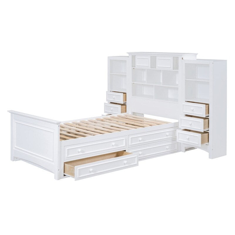 Twin Size Platform Bed with Vertical All-in-One Cabinet, Wooden Bed with 4 Storage Drawers on each side for Bedroom, Grey