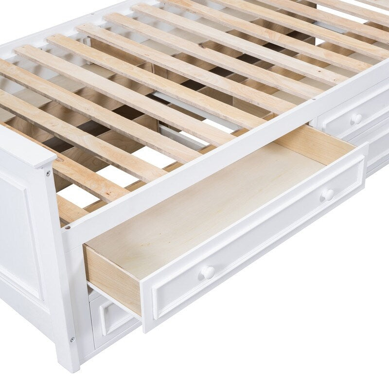 Twin Size Platform Bed with Vertical All-in-One Cabinet, Wooden Bed with 4 Storage Drawers on each side for Bedroom, Grey