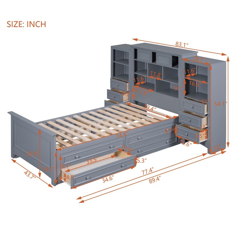Twin Size Platform Bed with Vertical All-in-One Cabinet, Wooden Bed with 4 Storage Drawers on each side for Bedroom, Grey