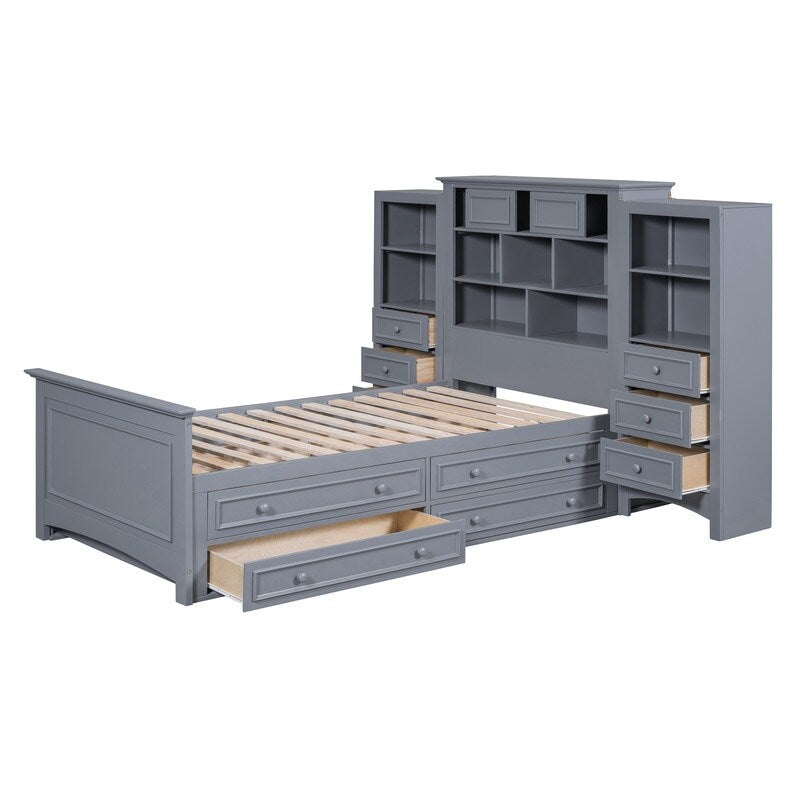 Twin Size Platform Bed with Vertical All-in-One Cabinet, Wooden Bed with 4 Storage Drawers on each side for Bedroom, Grey