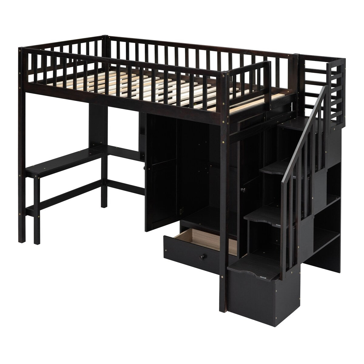 Twin Size Playhouse Loft Bed With Bookshelf,Drawers,Desk And Wardrobe,Solid Construction,Kids Bedroom Sets