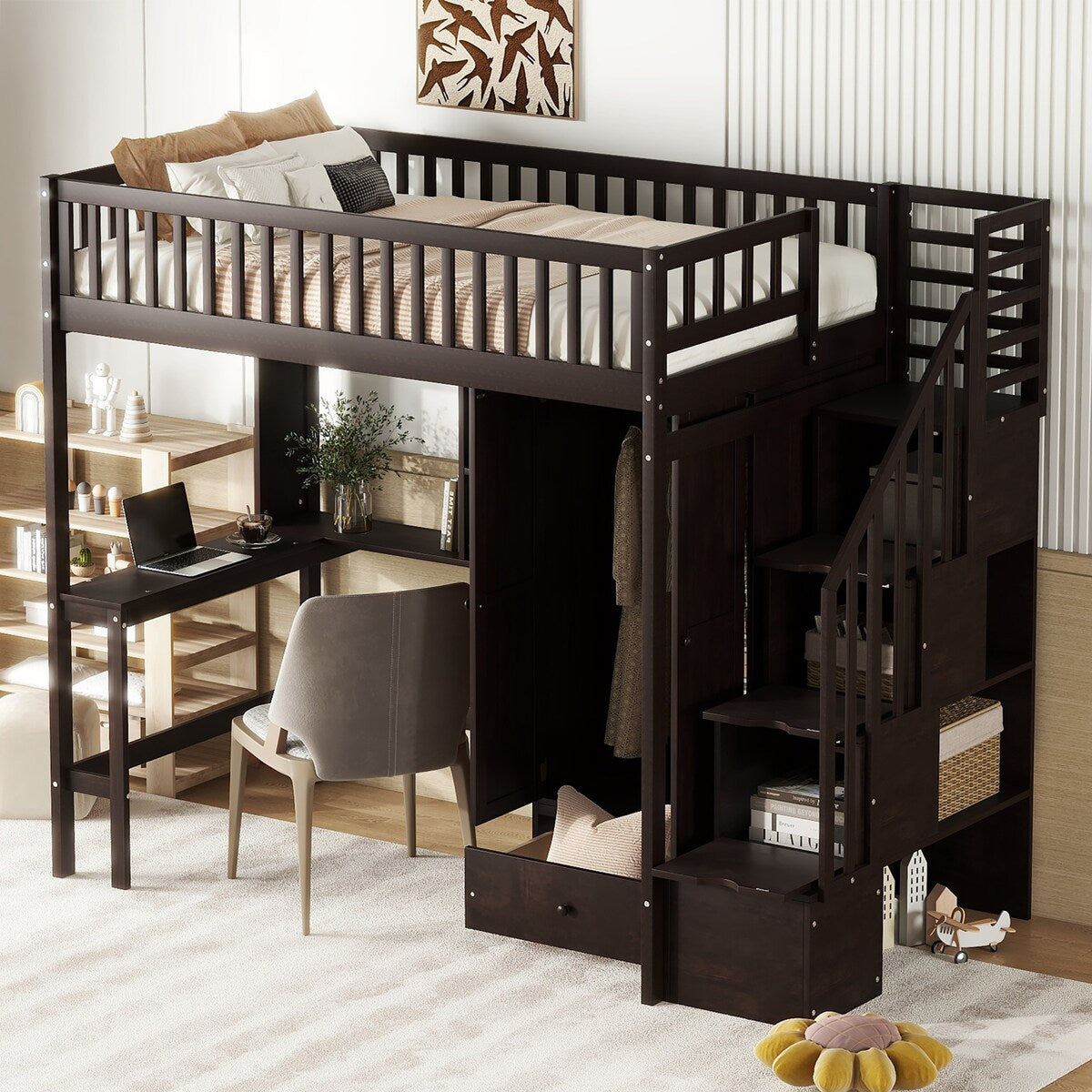 Twin Size Playhouse Loft Bed With Bookshelf,Drawers,Desk And Wardrobe,Solid Construction,Kids Bedroom Sets