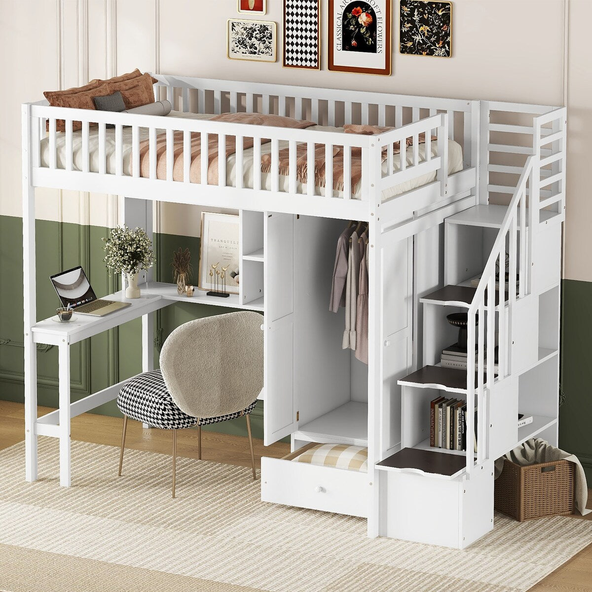 Twin Size Playhouse Loft Bed With Bookshelf,Drawers,Desk And Wardrobe,Solid Construction,Kids Bedroom Sets