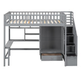 Twin Size Playhouse Loft Bed With Bookshelf,Drawers,Desk And Wardrobe,Solid Construction,Kids Bedroom Sets