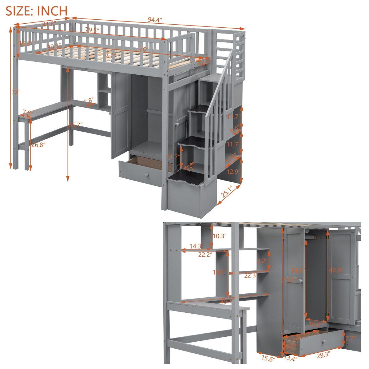 Twin Size Playhouse Loft Bed With Bookshelf,Drawers,Desk And Wardrobe,Solid Construction,Kids Bedroom Sets