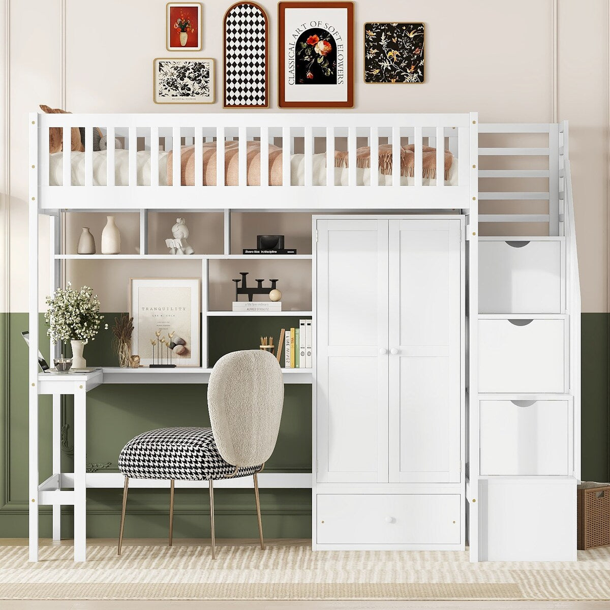 Twin Size Playhouse Loft Bed With Bookshelf,Drawers,Desk And Wardrobe,Solid Construction,Kids Bedroom Sets