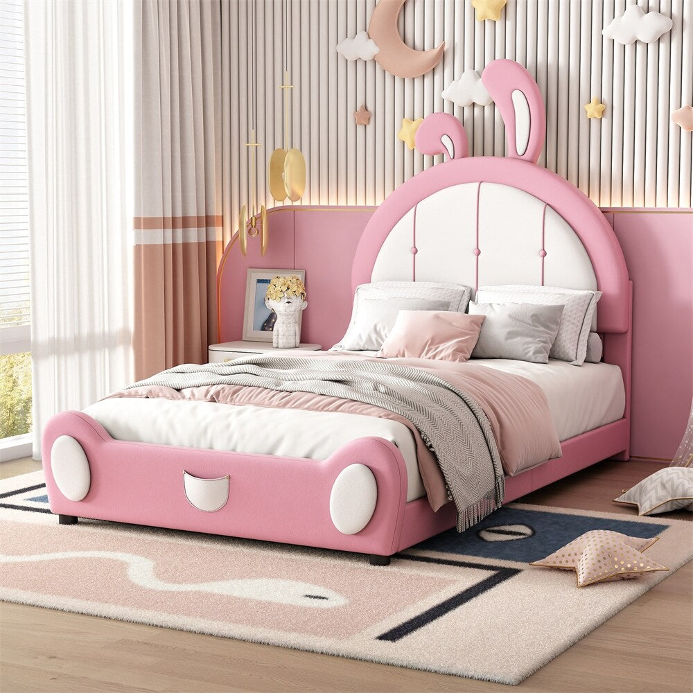 Twin Size Rabbit Shaped Upholstered Platform Bed with Wood Frame