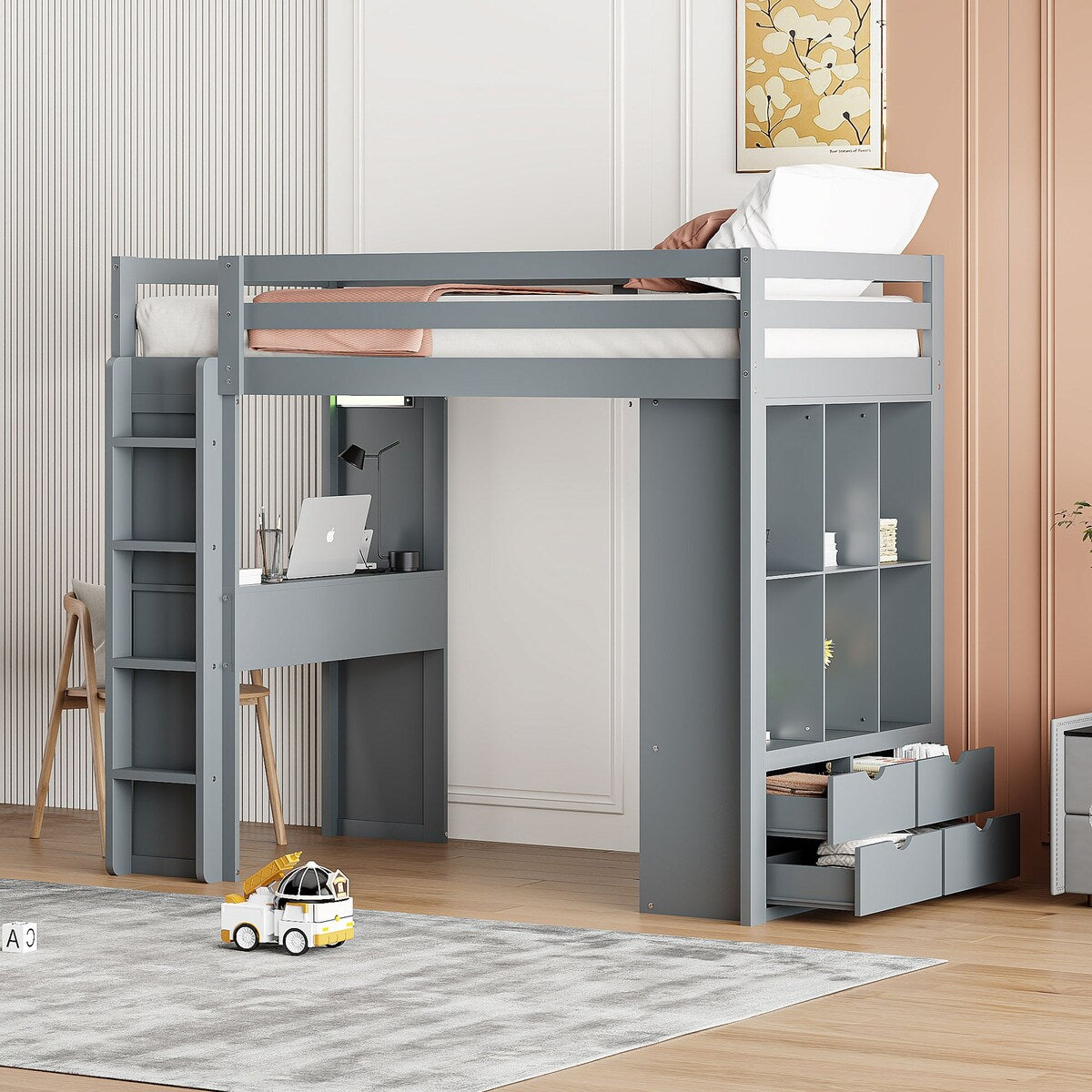 Twin Size Simple Style Storage Desk Loft Bed