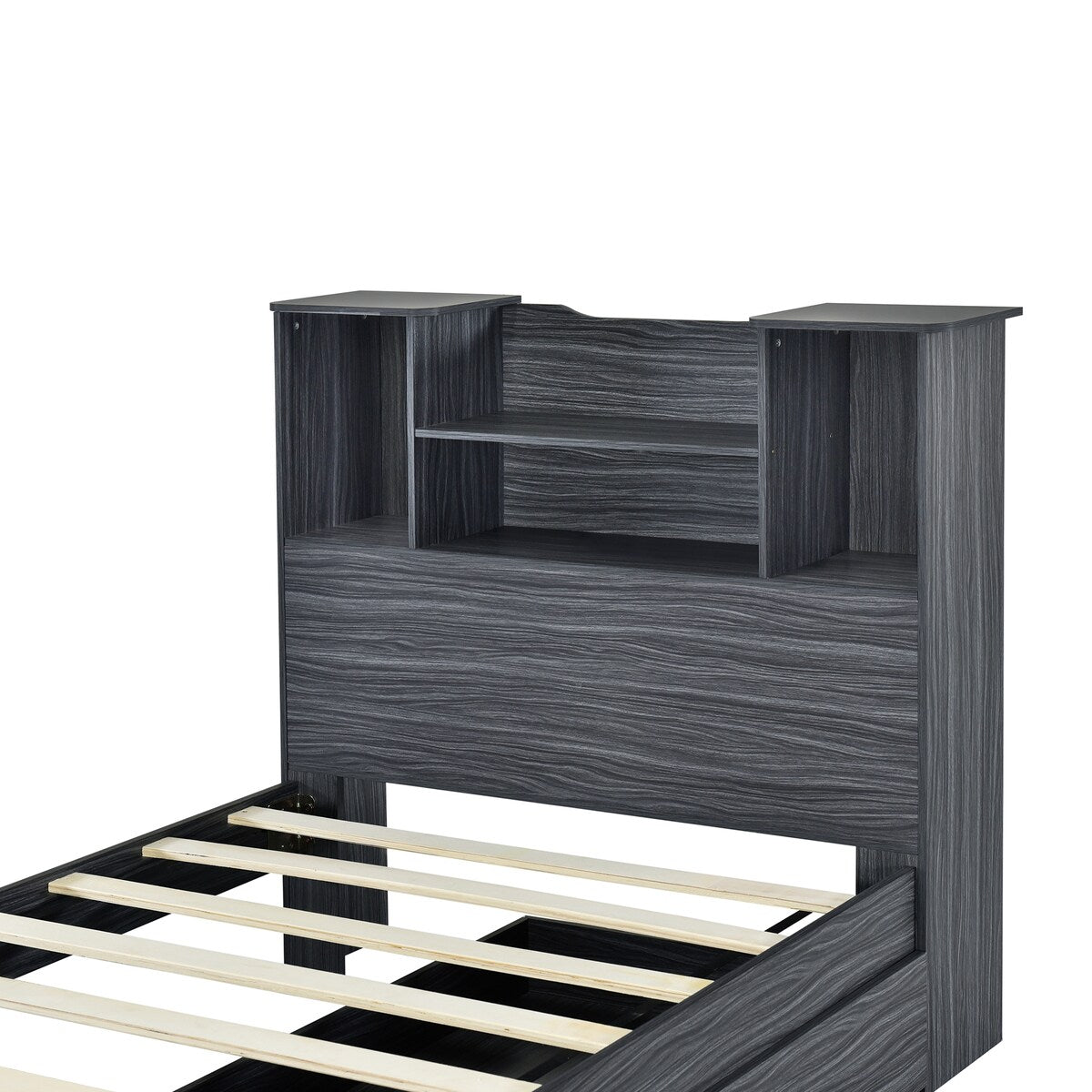 Twin Size Storage Platform Bed Frame with 4 Open Storage Shelves and 2 Storage Drawers