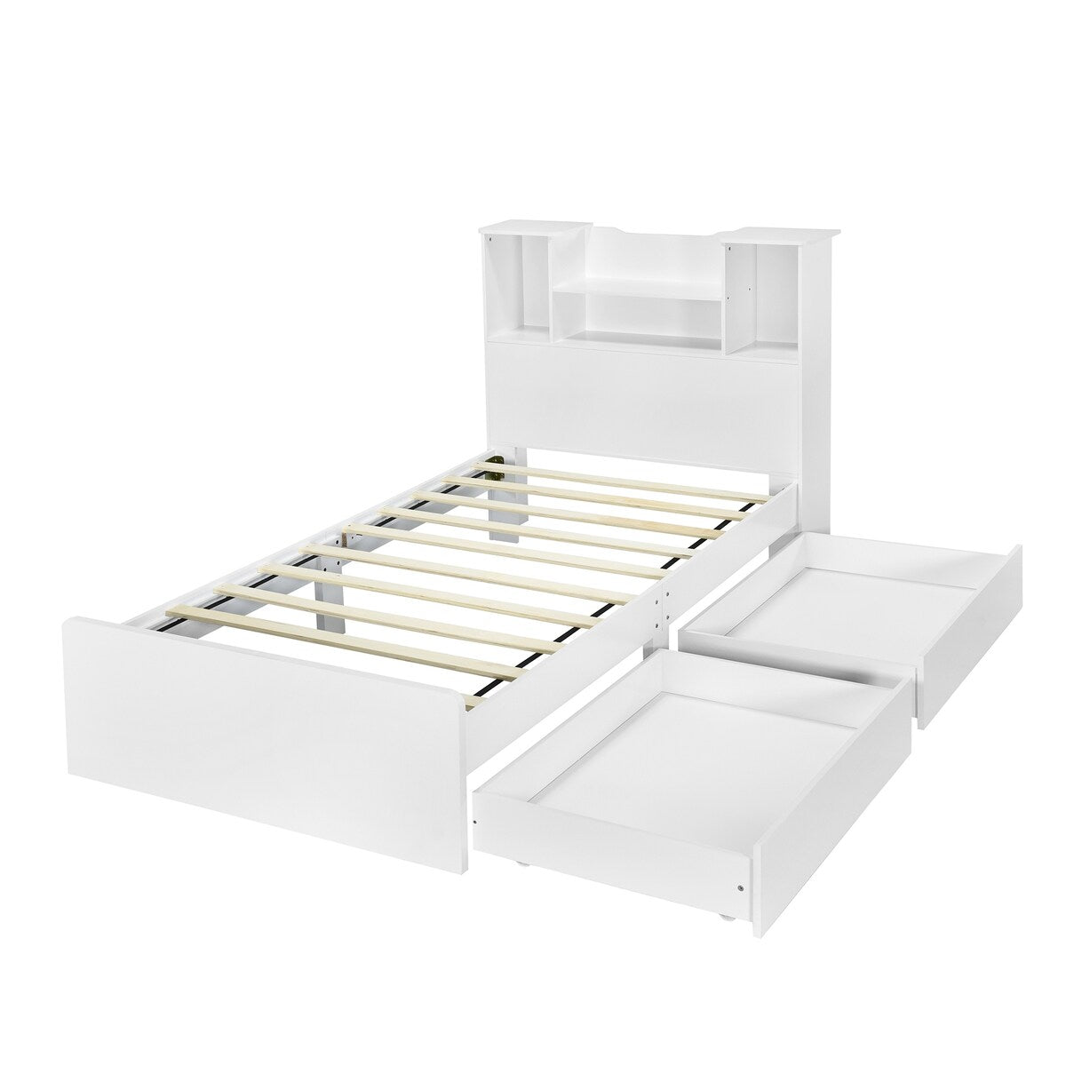 Twin Size Storage Platform Bed Frame with 4 Open Storage Shelves and 2 Storage Drawers