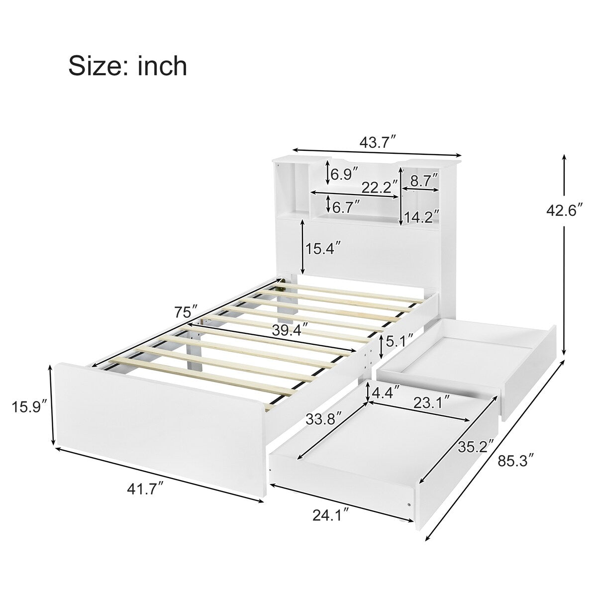 Twin Size Storage Platform Bed Frame with 4 Open Storage Shelves and 2 Storage Drawers
