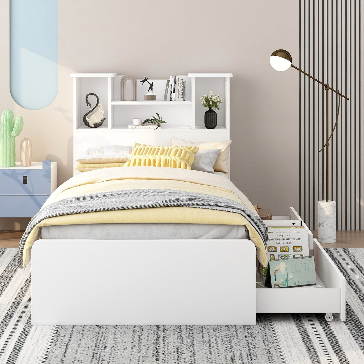 Twin Size Storage Platform Bed Frame with 4 Open Storage Shelves and 2 Storage Drawers