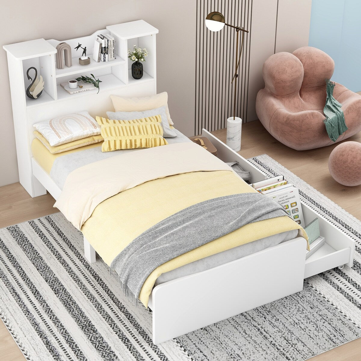 Twin Size Storage Platform Bed Frame with 4 Open Storage Shelves and 2 Storage Drawers