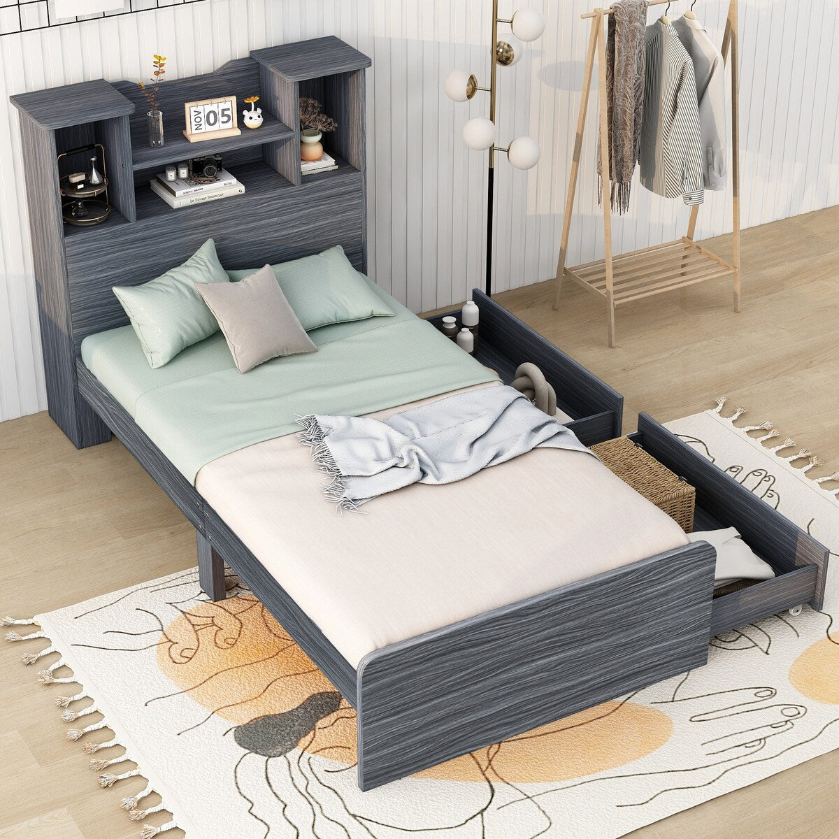 Twin Size Storage Platform Bed Frame with 4 Open Storage Shelves and 2 Storage Drawers