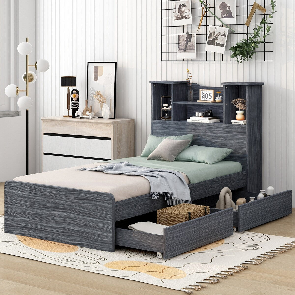 Twin Size Storage Platform Bed Frame with 4 Open Storage Shelves and 2 Storage Drawers