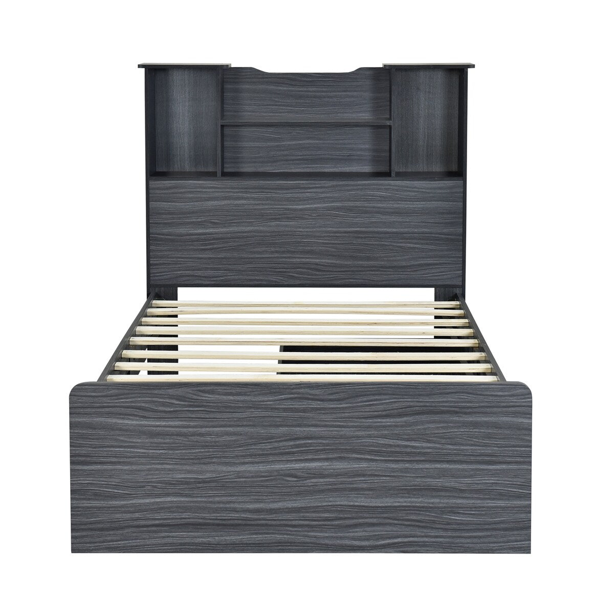Twin Size Storage Platform Bed Frame with 4 Open Storage Shelves and 2 Storage Drawers