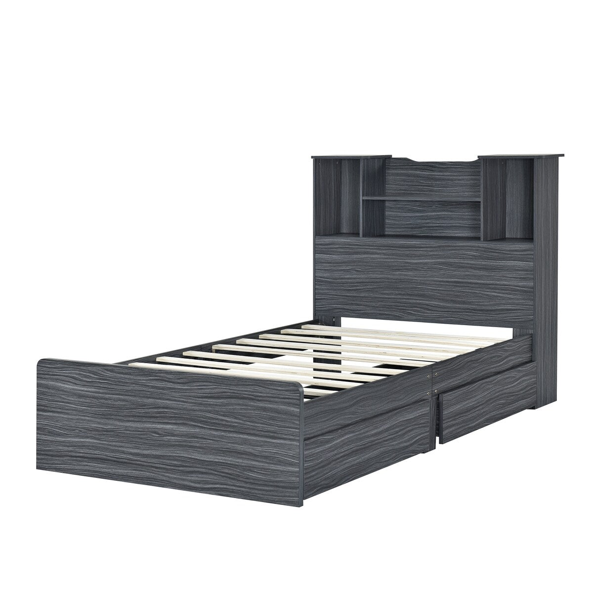 Twin Size Storage Platform Bed Frame with 4 Open Storage Shelves and 2 Storage Drawers