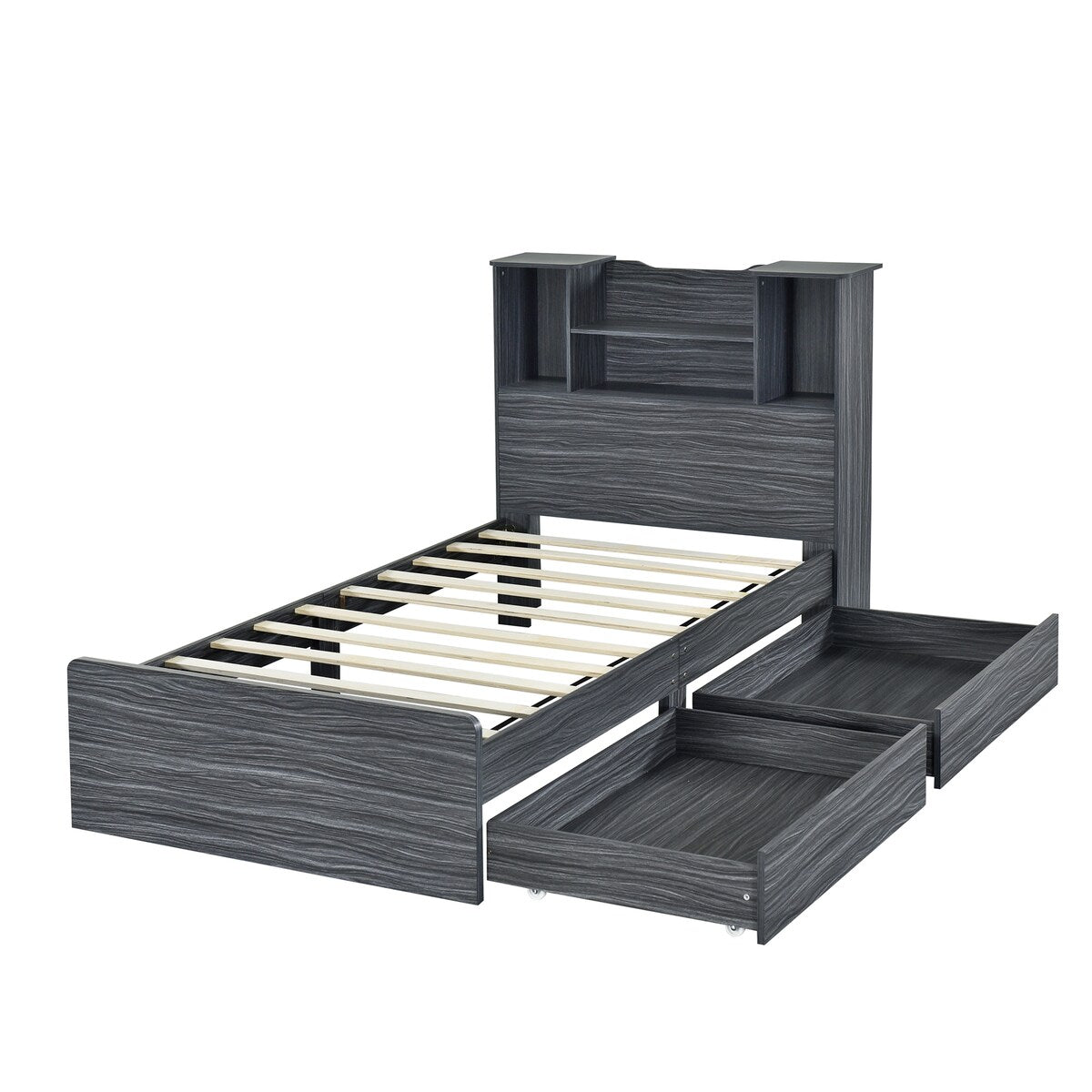 Twin Size Storage Platform Bed Frame with 4 Open Storage Shelves and 2 Storage Drawers