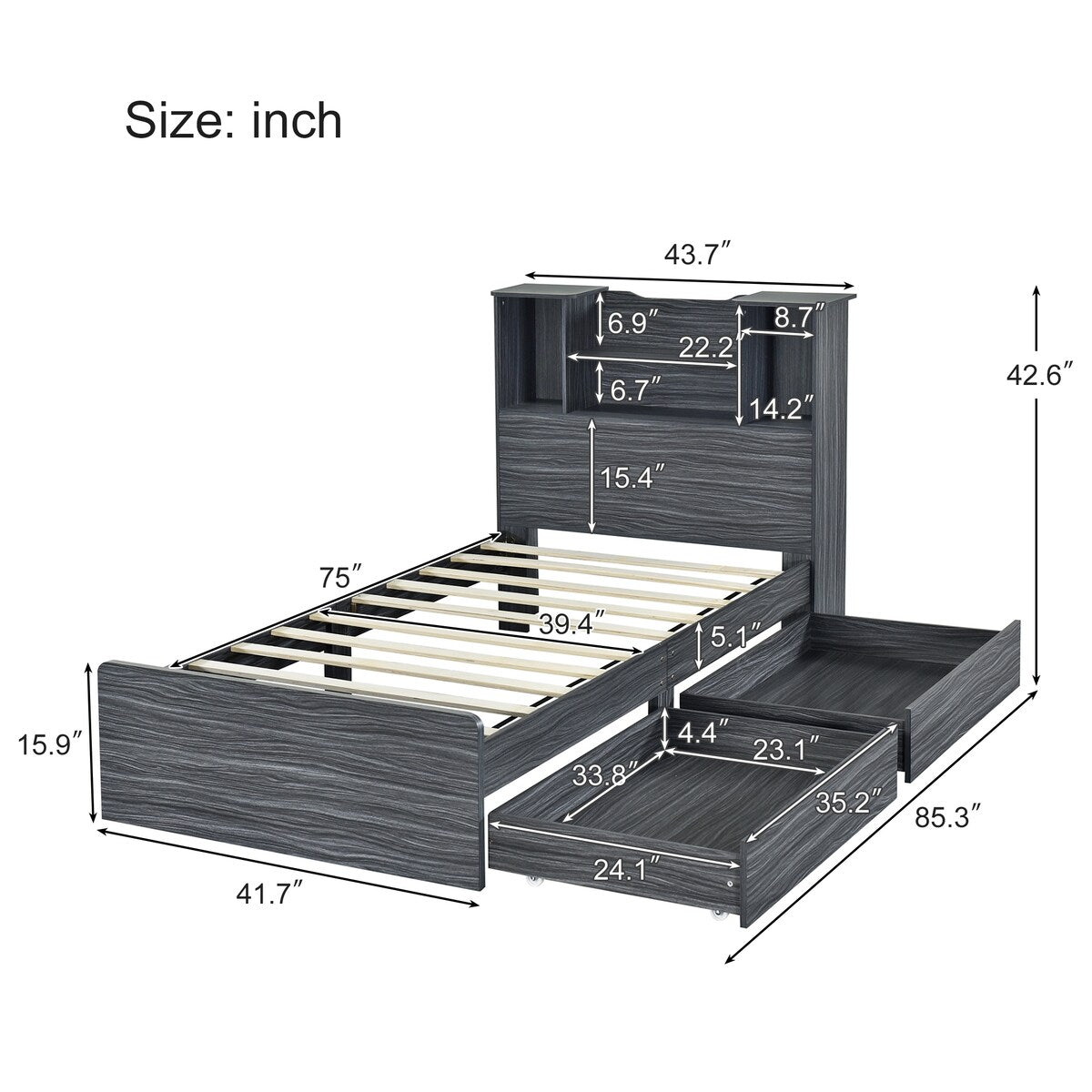 Twin Size Storage Platform Bed Frame with 4 Open Storage Shelves and 2 Storage Drawers