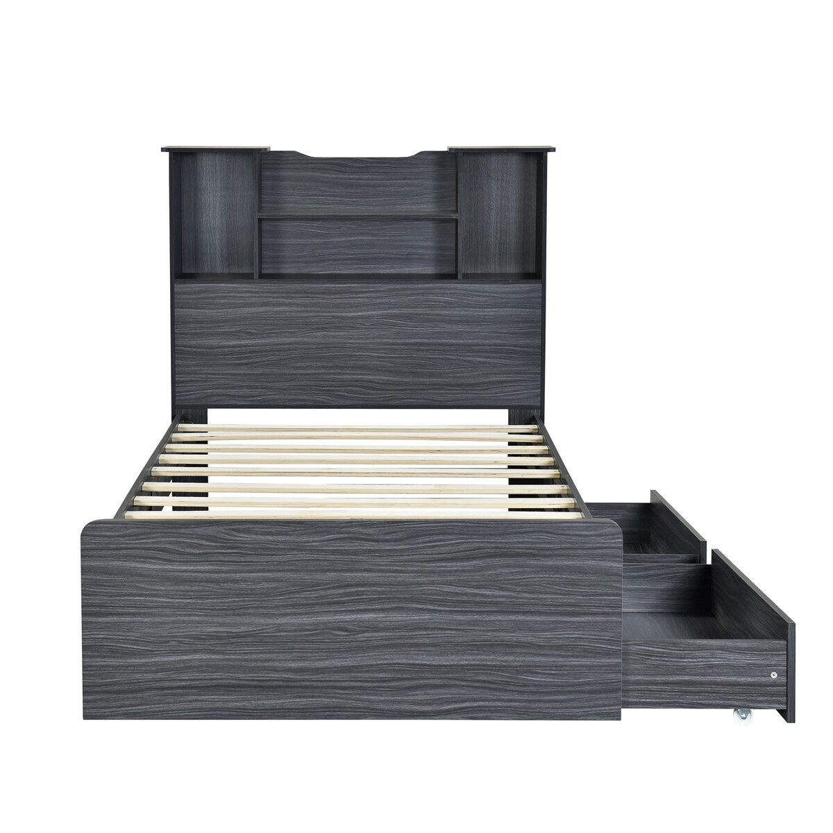 Twin Size Storage Platform Bed Frame with 4 Open Storage Shelves and 2 Storage Drawers