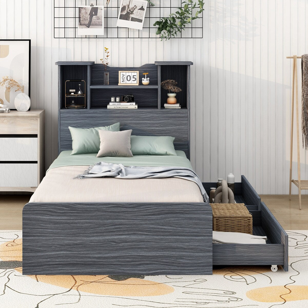 Twin Size Storage Platform Bed Frame with 4 Open Storage Shelves and 2 Storage Drawers