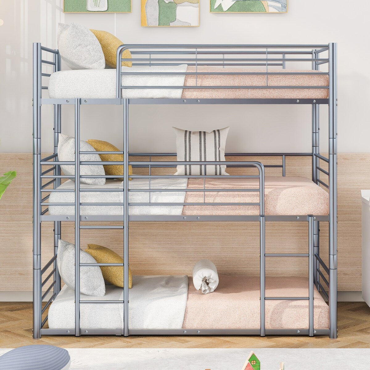 Twin Size Triple Bunk Bed with Built-in Ladder, Divided into 3 Separate Beds