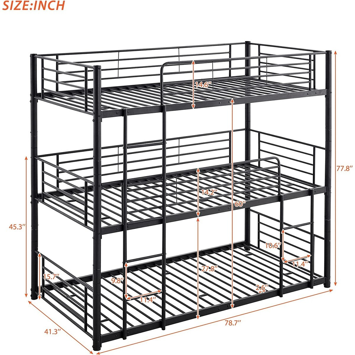 Twin Size Triple Bunk Bed with Built-in Ladder, Divided into 3 Separate Beds