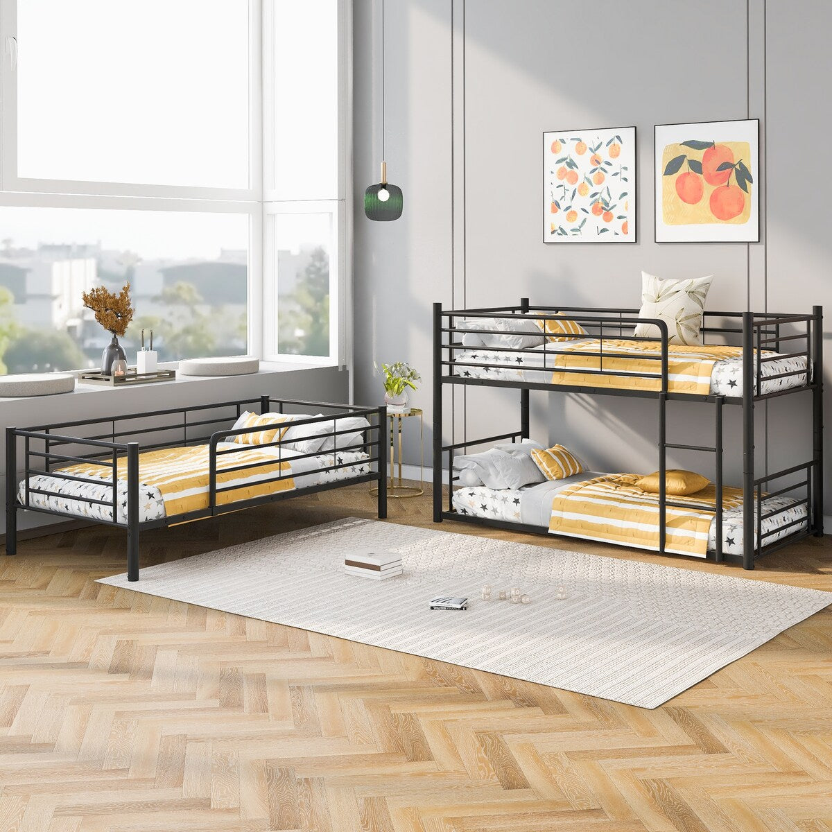Twin Size Triple Bunk Bed with Built-in Ladder, Divided into 3 Separate Beds
