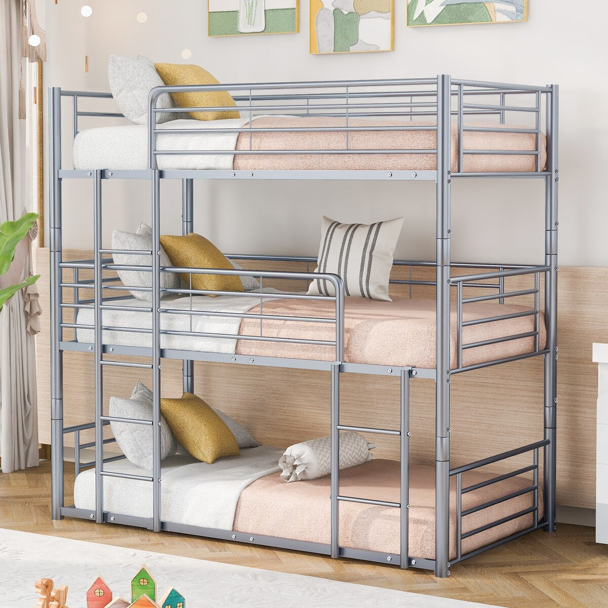 Twin Size Triple Bunk Bed with Built-in Ladder, Divided into 3 Separate Beds