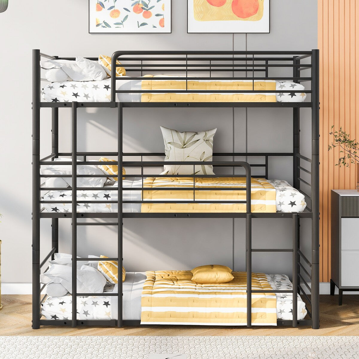 Twin Size Triple Bunk Bed with Built-in Ladder, Divided into 3 Separate Beds