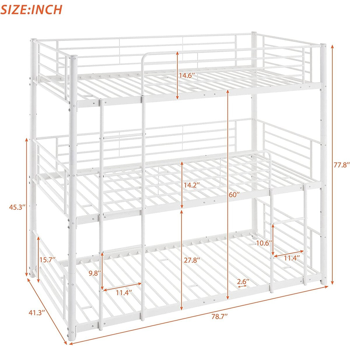 Twin Size Triple Bunk Bed with Built-in Ladder, Divided into 3 Separate Beds