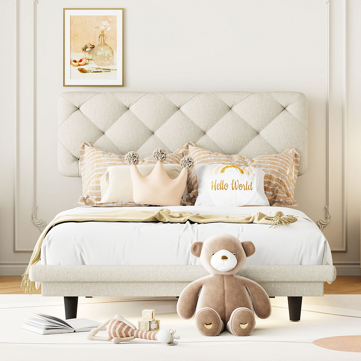 Diamond-tufted Linen Upholstered Platform Bed with Lights