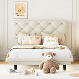 Diamond-tufted Linen Upholstered Platform Bed with Lights