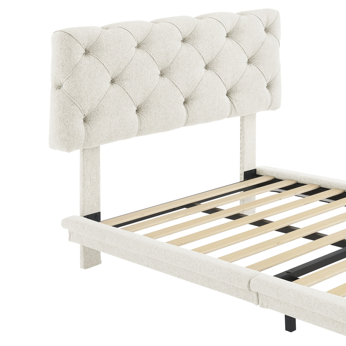 Diamond-tufted Linen Upholstered Platform Bed with Lights