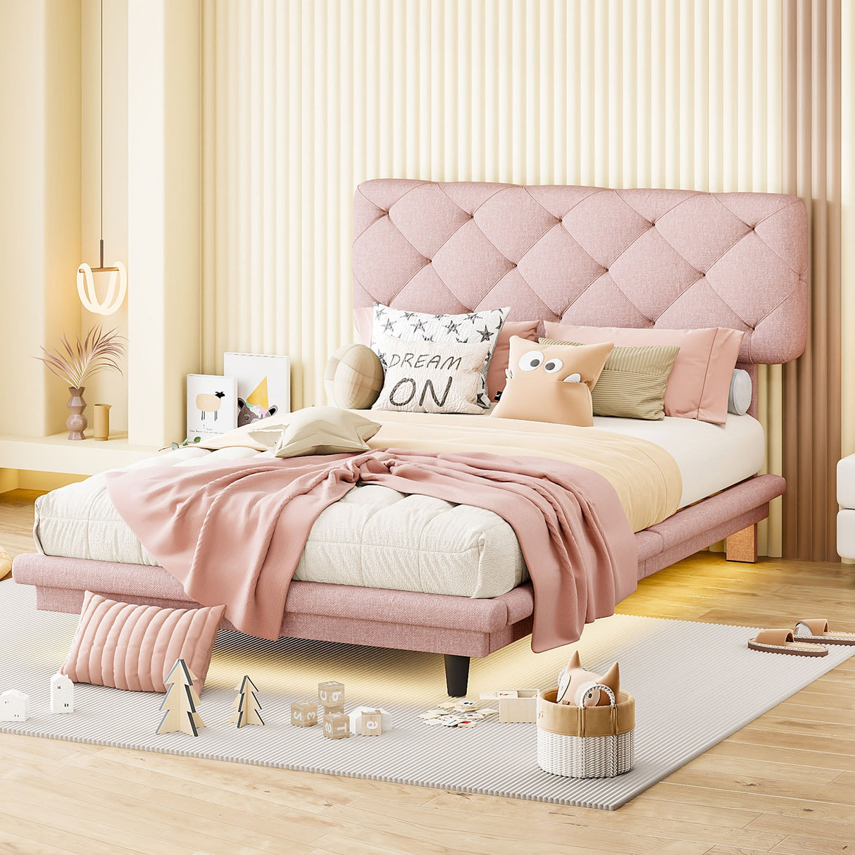 Diamond-tufted Linen Upholstered Platform Bed with Lights