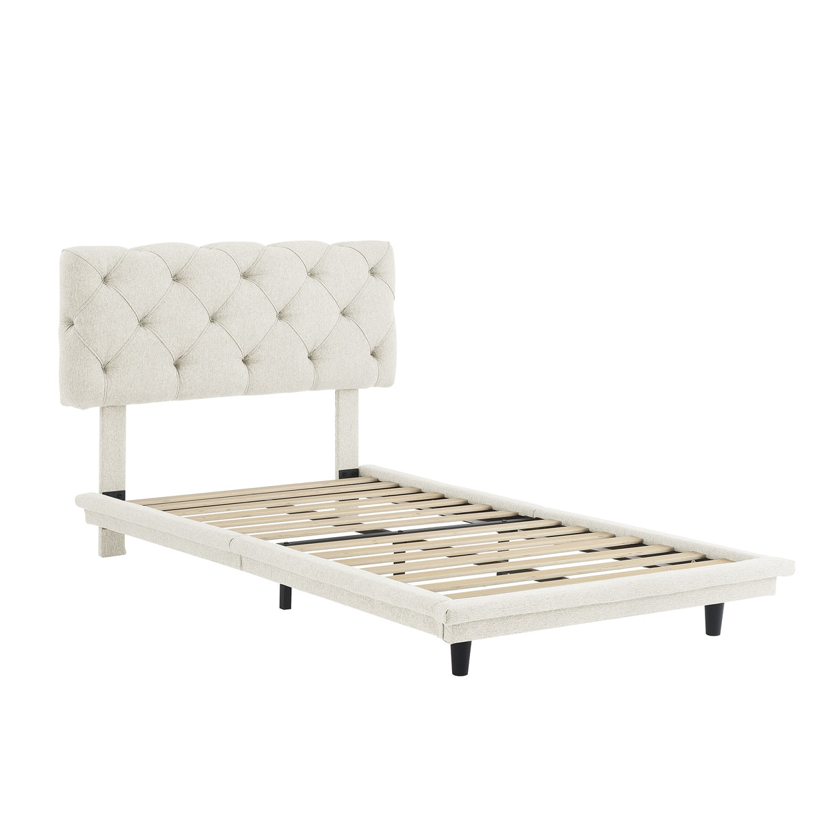Diamond-tufted Linen Upholstered Platform Bed with Lights