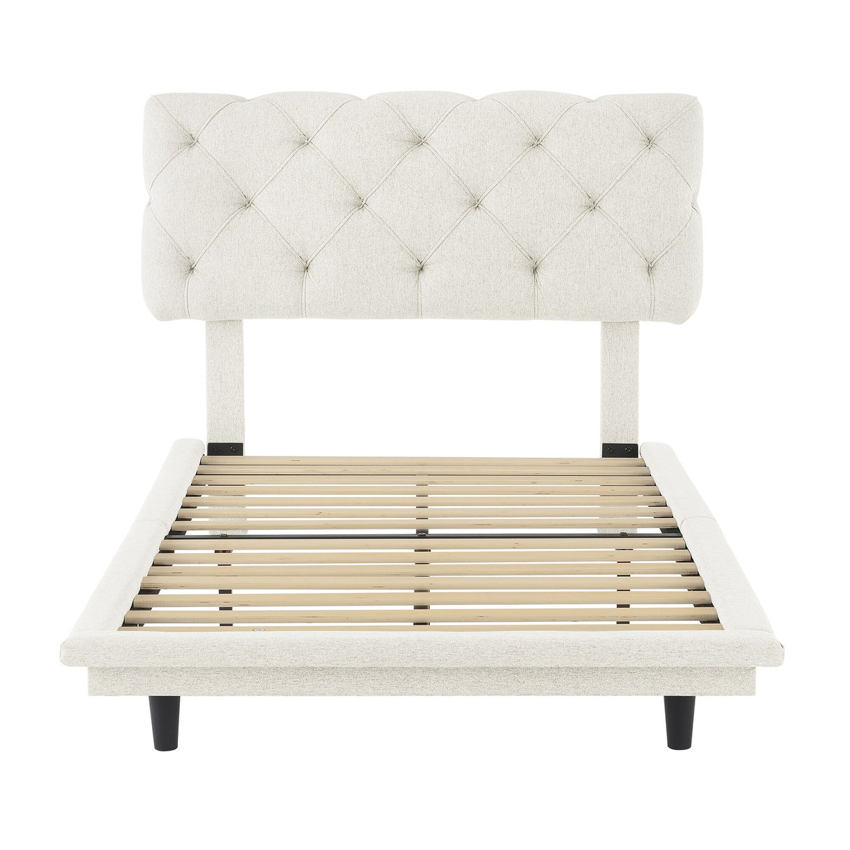 Diamond-tufted Linen Upholstered Platform Bed with Lights