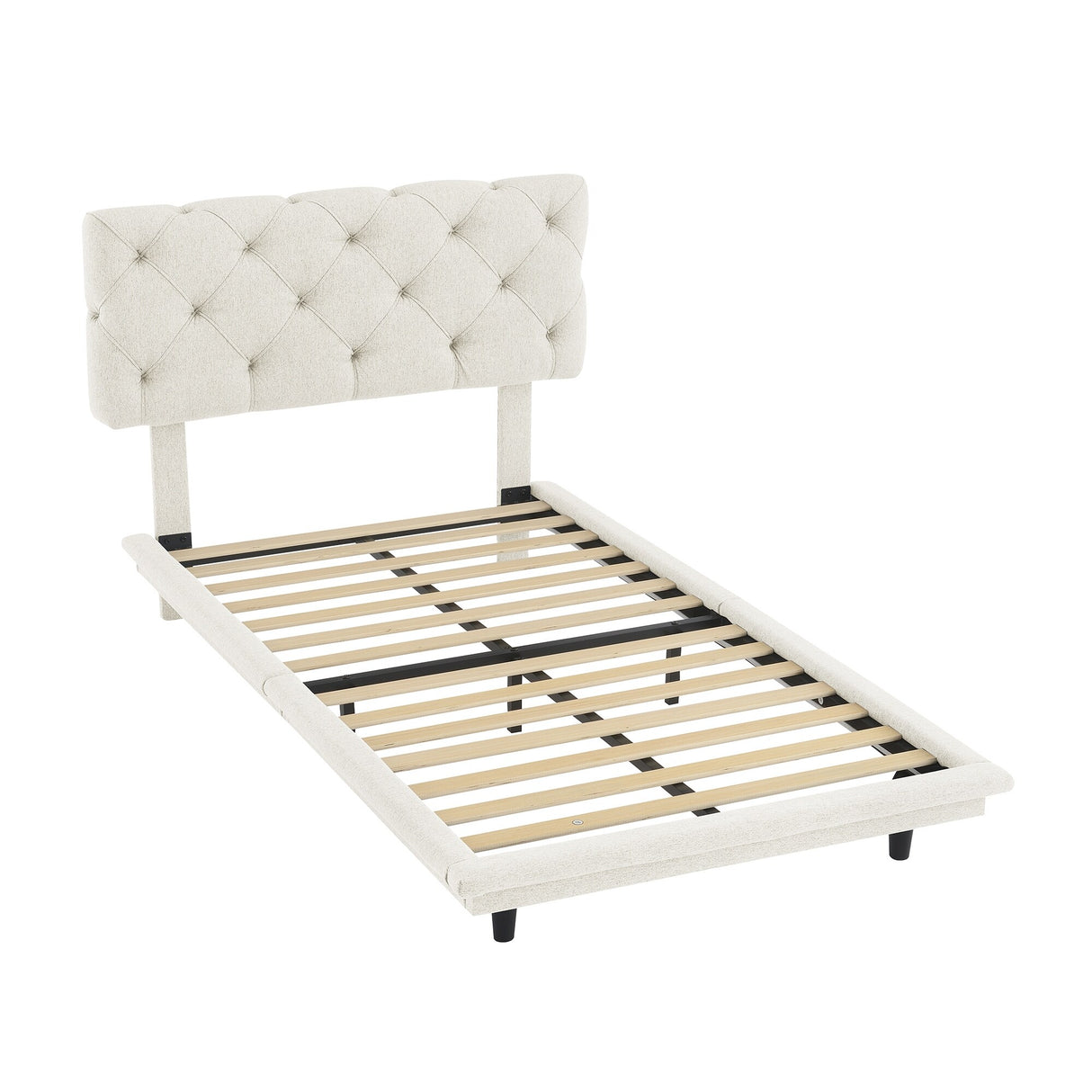 Diamond-tufted Linen Upholstered Platform Bed with Lights