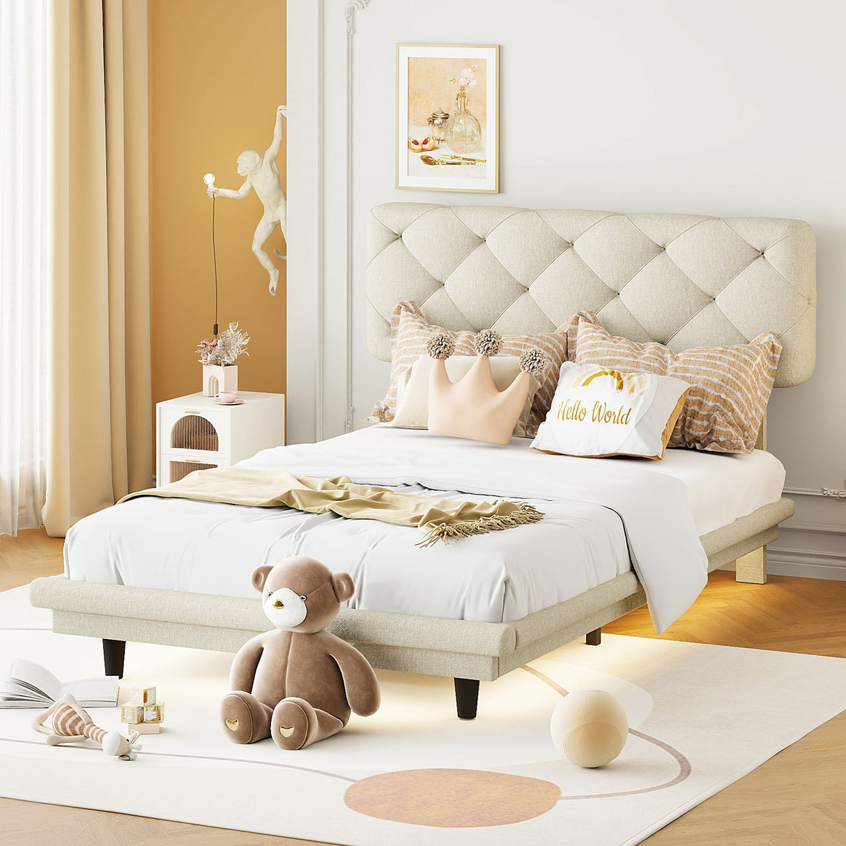 Diamond-tufted Linen Upholstered Platform Bed with Lights