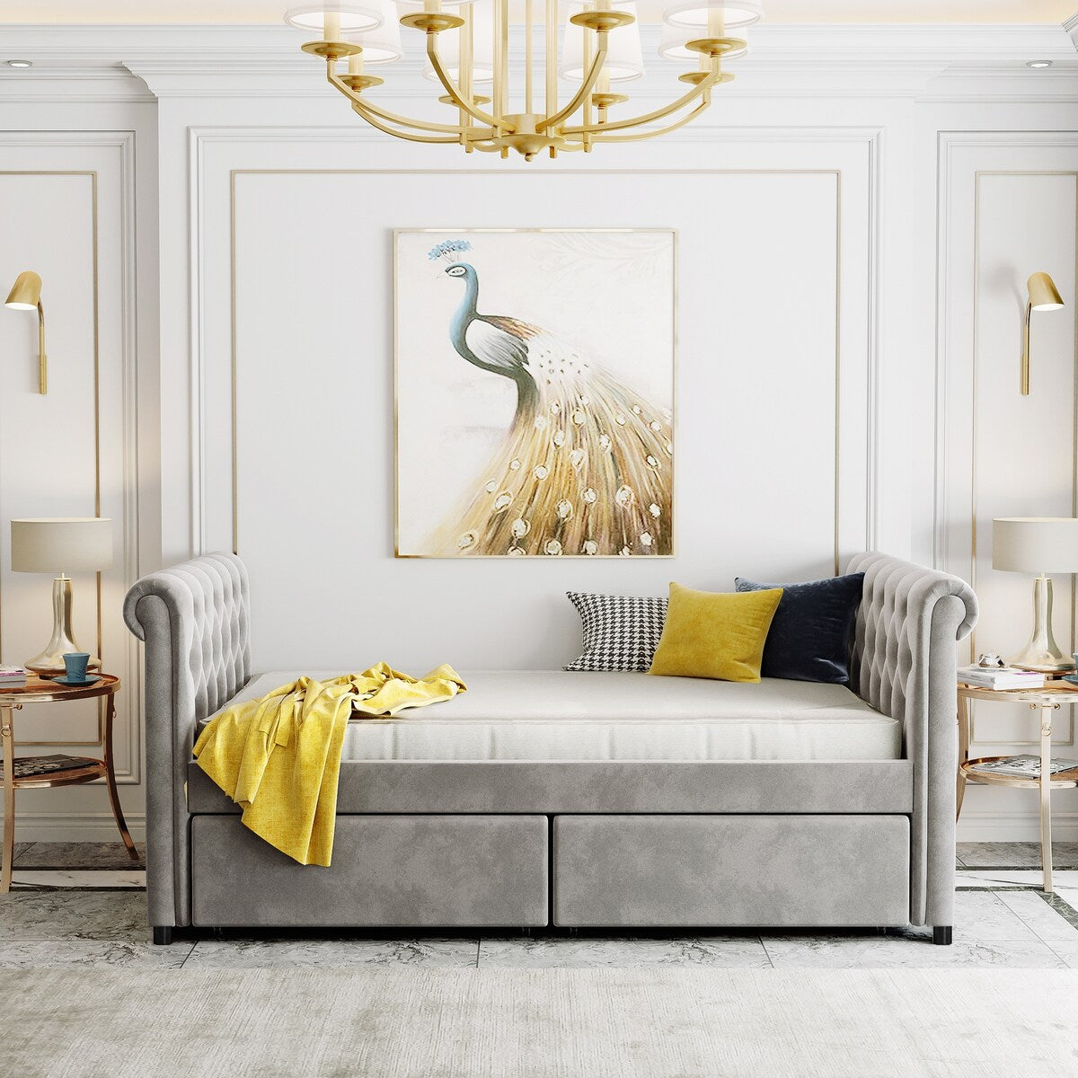 Twin Size Upholstered Daybed with 2 Drawers and Button-Tufted Armrests Style
