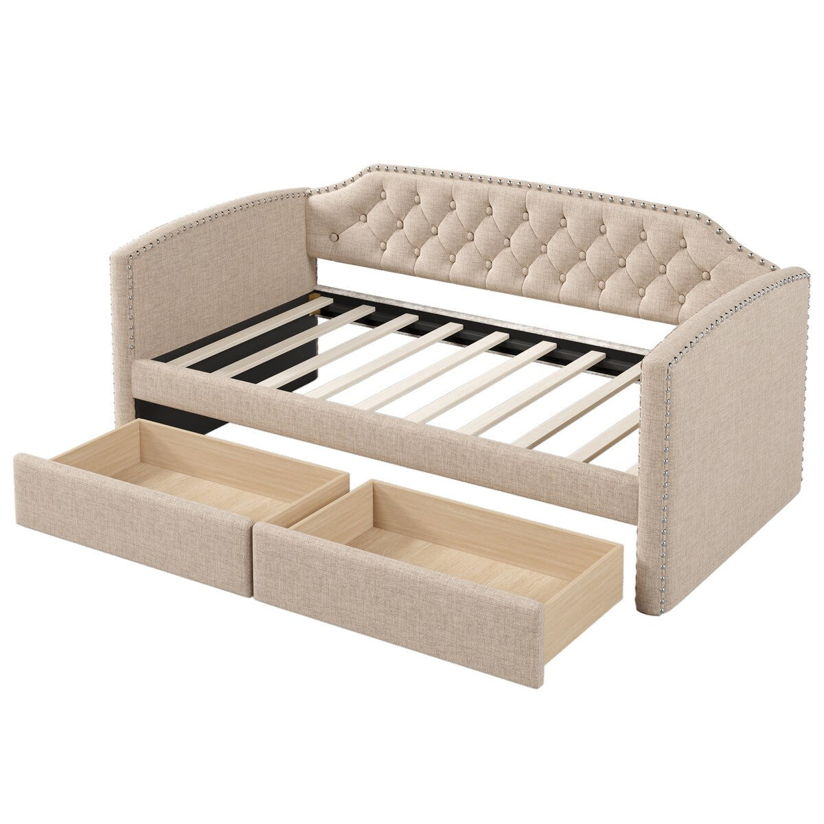 Twin Size Upholstered Daybed with 2 Drawers and Nailhead Trim