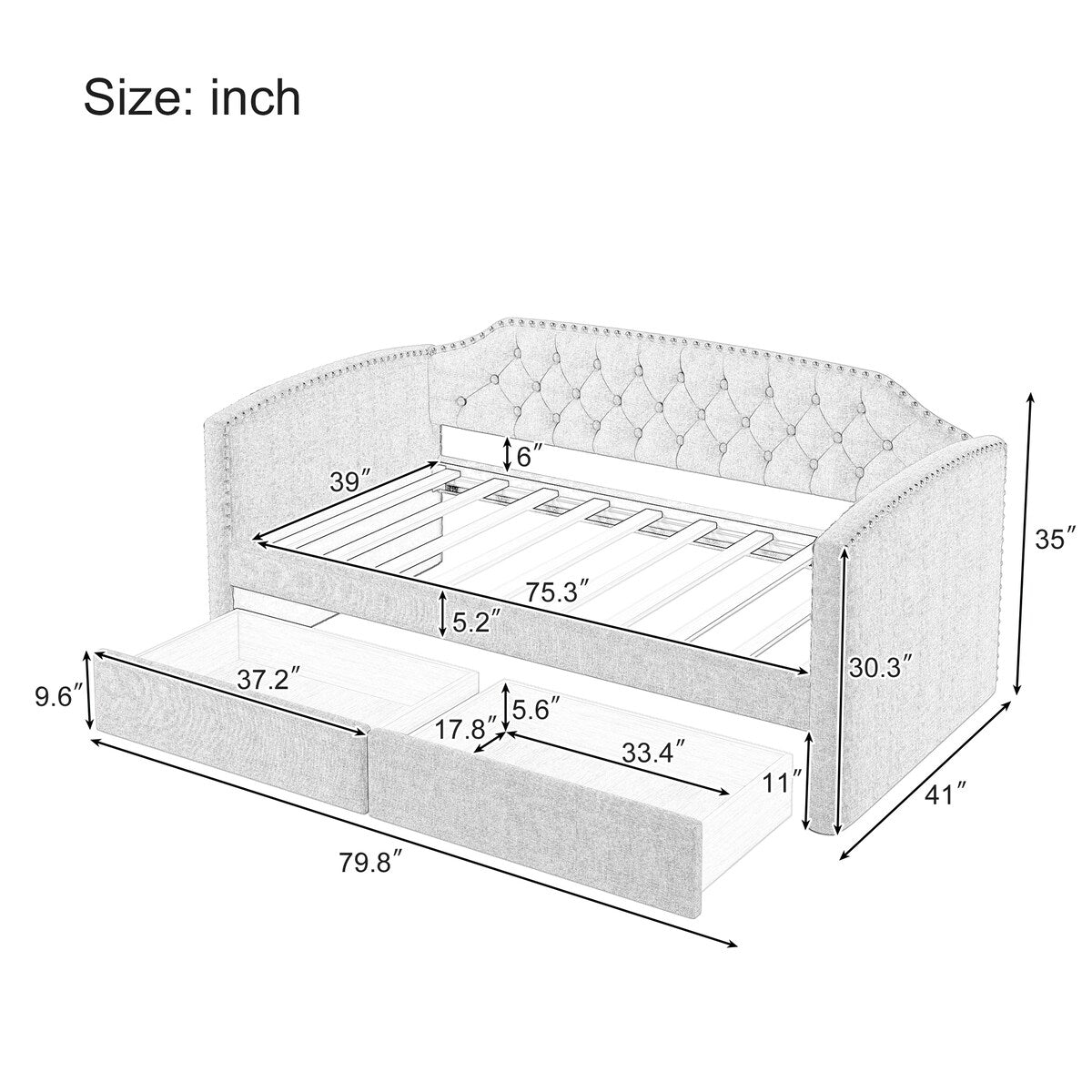 Twin Size Upholstered Daybed with 2 Drawers and Nailhead Trim