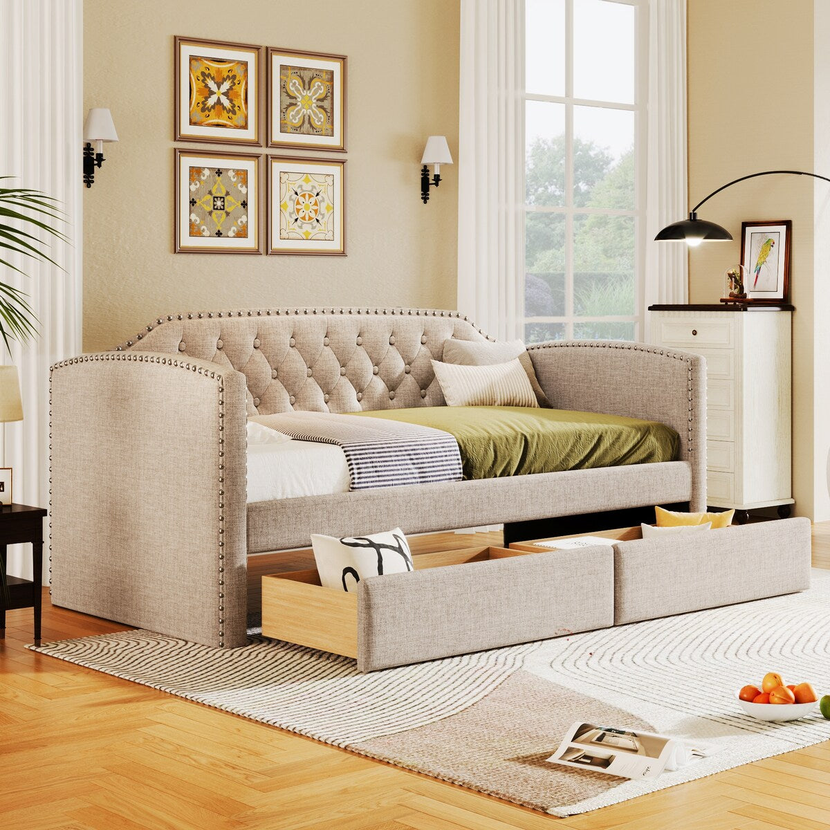Twin Size Upholstered Daybed with 2 Drawers and Nailhead Trim