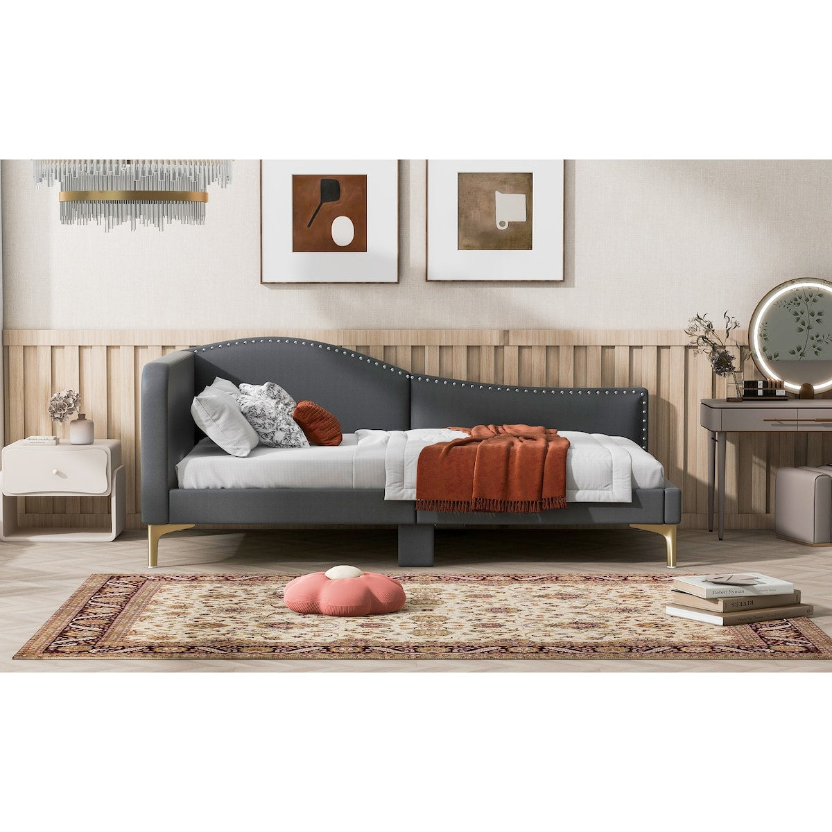 Twin Size Upholstered Daybed with Headboard and Armrest